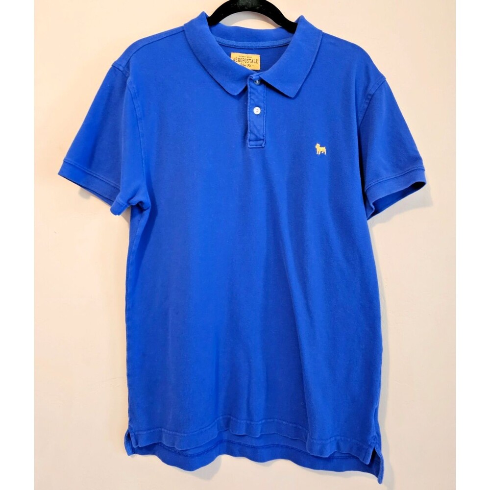 Aeropostale Men's M Blue Logo Pique Short Sleeve Polo Shirt slim fit